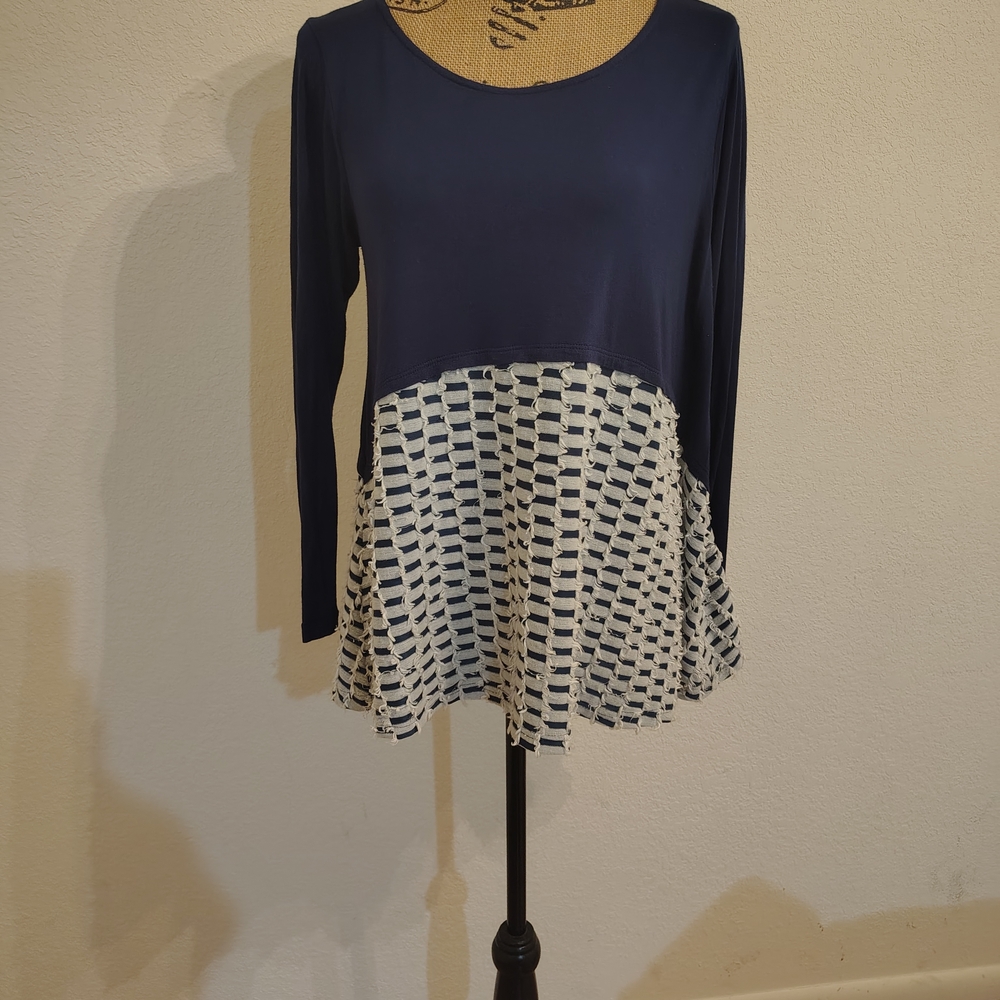 Hayden Los Angeles Lightweight Long Sleeve Tunic Top Women's S Navy/White  Boho